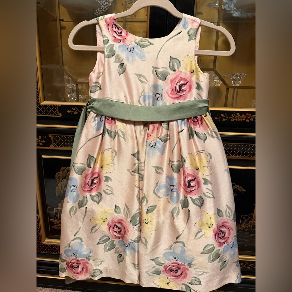 Talbots Pink Floral Satin Dress with Green Sash